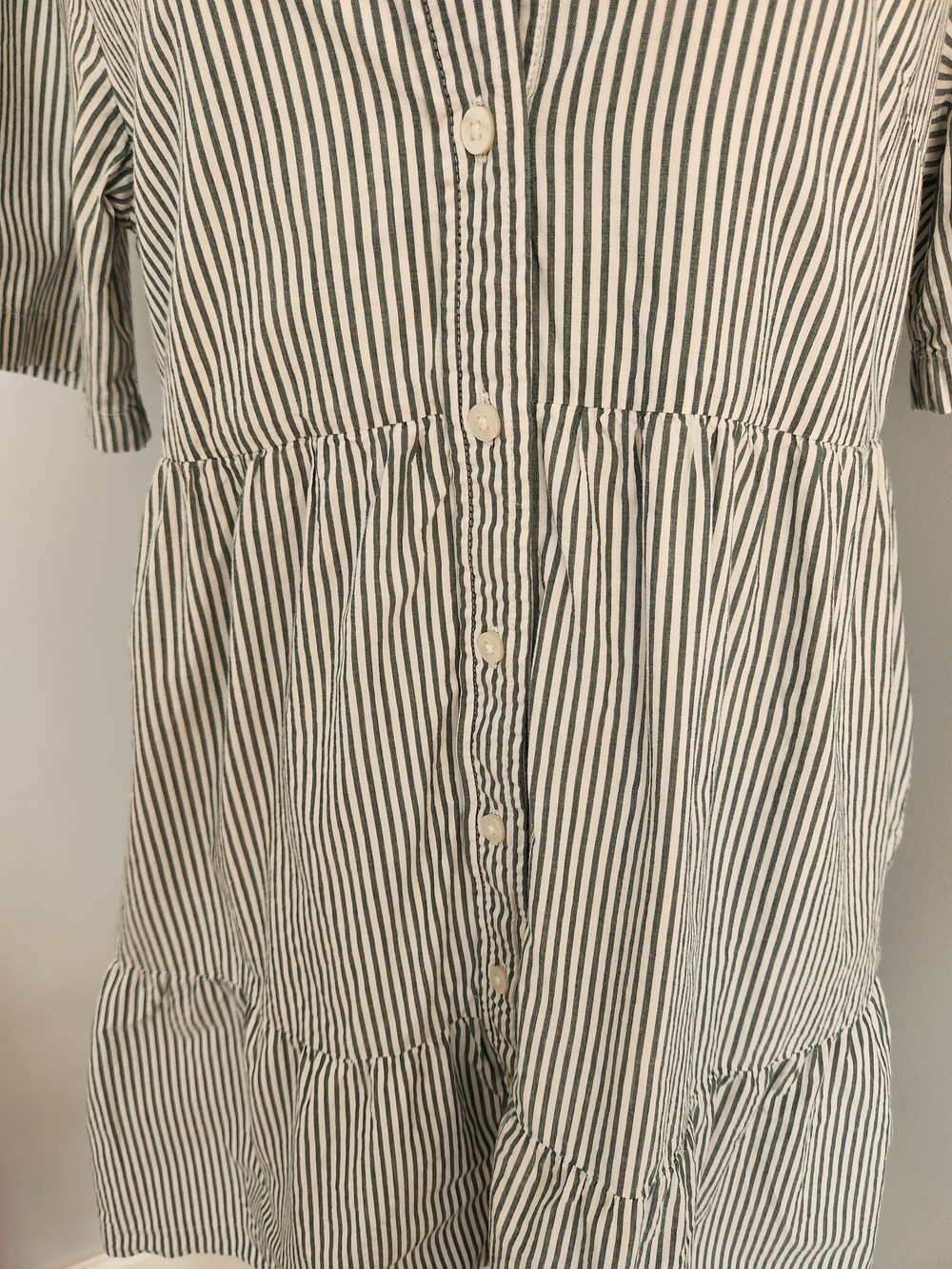 GAP Olive and White Mini Striped Tiered Shirtdress S - Picture 3 of 11